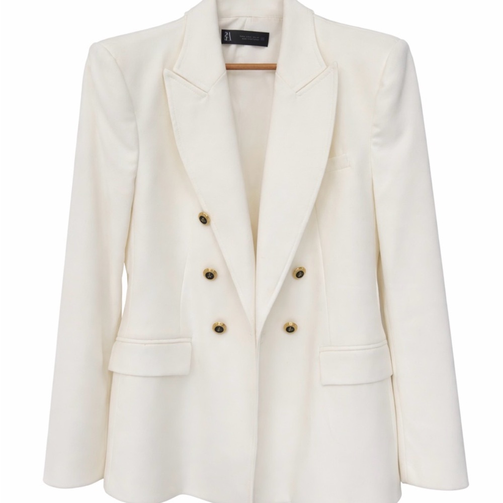 Zara White Double-Breasted Blazer with Gold Buttons